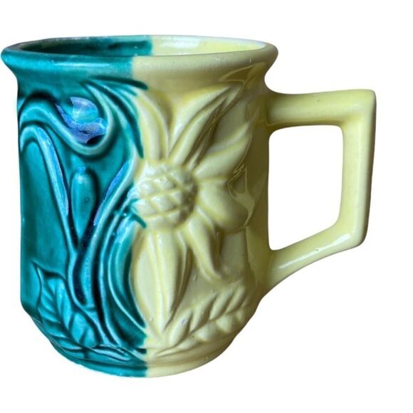 Vintage Glazed Sunflower Mug- Green & Yellow - Picture 1 of 6